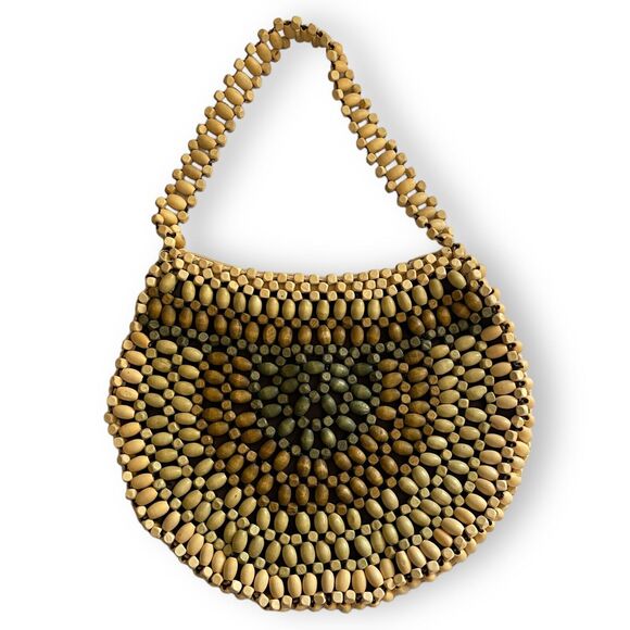 Old Navy Y2K Retro Wooden Bead Natural Boho Shoulder Bag Purse Wood Hippie - Picture 2 of 6